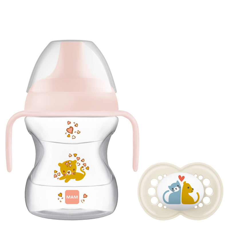 MAM Learn to Drink Cup Pink 190ml with Handles and Soother at Baby Products Wholesaler